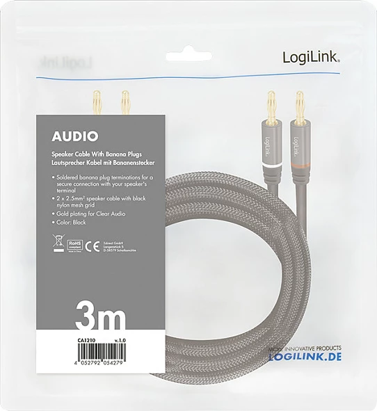 Kabllo audio LogiLink, 2x2 banana plug, 3 m, metal, e zezë