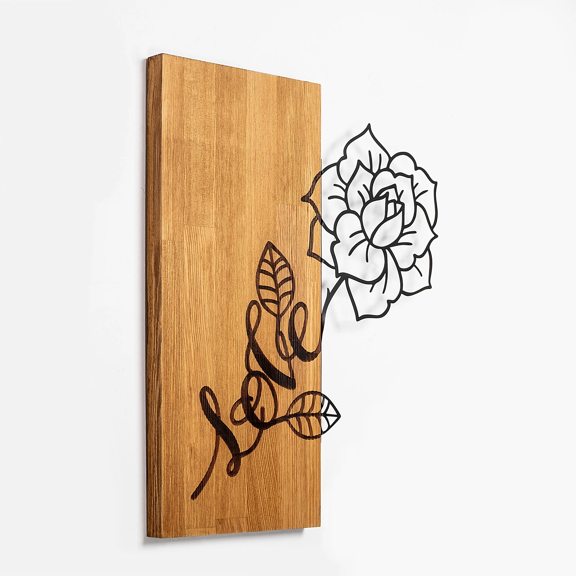 Aksesor dekorativ prej druri për mur, Rose Love, ngjyrë arre dhe e zezë, 47x58cm