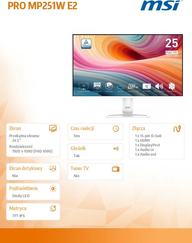 Monitor MSI PRO MP251W E2 24.5" FHD IPS 120Hz, i bardhë