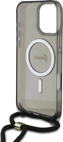 Mbështjellës Guess Crossbody Cord Script MagSafe për iPhone 16 Pro Max, i zi