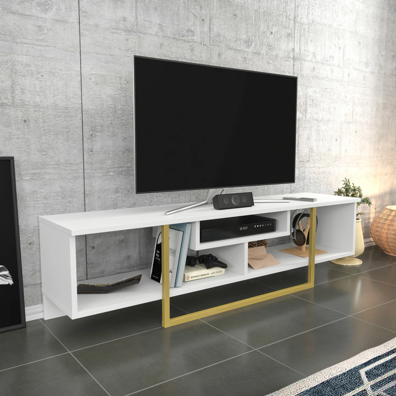 Komodë TV Hanah Home, Asal 150, e bardhë, ari