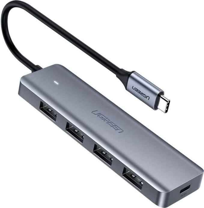 Hub USB-C UGREEN 70336, 4x USB 3.0, 5Gbps, portë Micro USB për rrymë, kabllo 15cm, gri