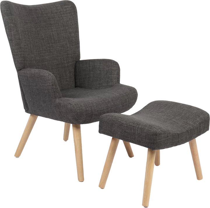 Fotelje me stolkë Gerlina, material gri e errët, këmbë ngjyrë natyrale, 71x64x94cm