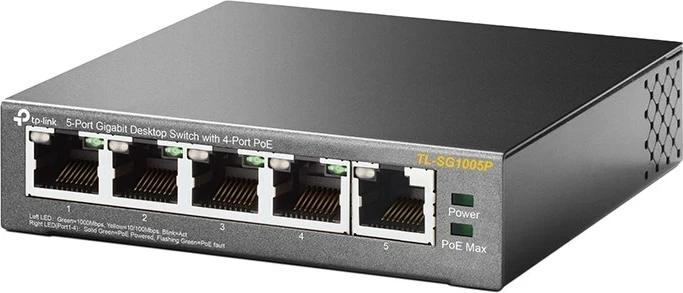 Switch TP-Link, 5 porte Gigabit Desktop PoE switch me 4 porta, i zi