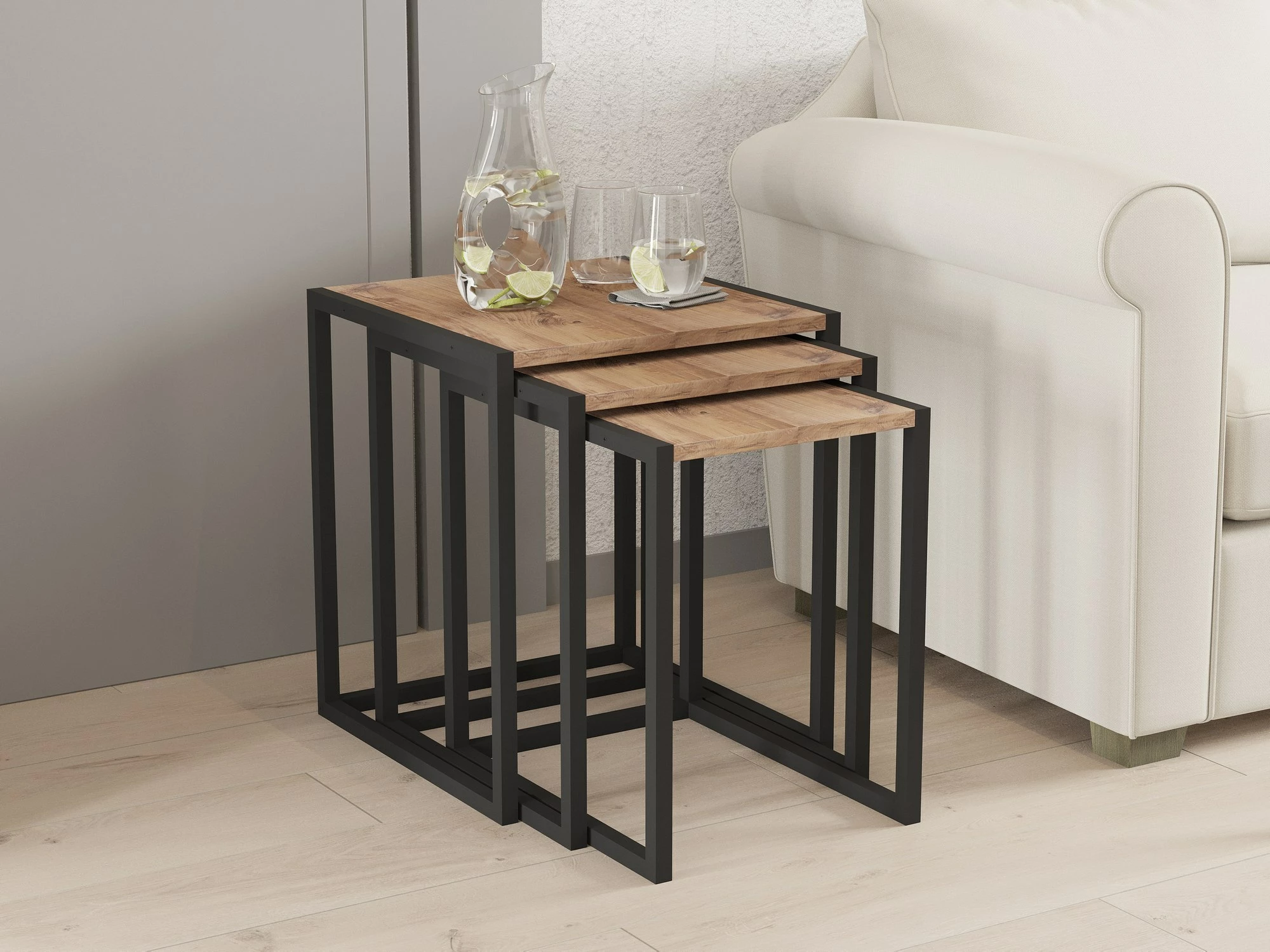Set tavolinash ndihmëse, 3 copë, këmbë të zeza, sipërfaqe ngjyrë Atlantic Pine, Hanah Home, Tali