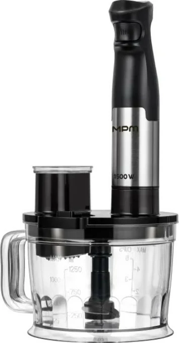 Blender dore set, MPM, MBL-39M, 1500 W, rregullim i vazhdueshëm i shpejtësisë, enë 1250 ml me teh inox, disk prerës dhe tel rrahës, Black/Steel