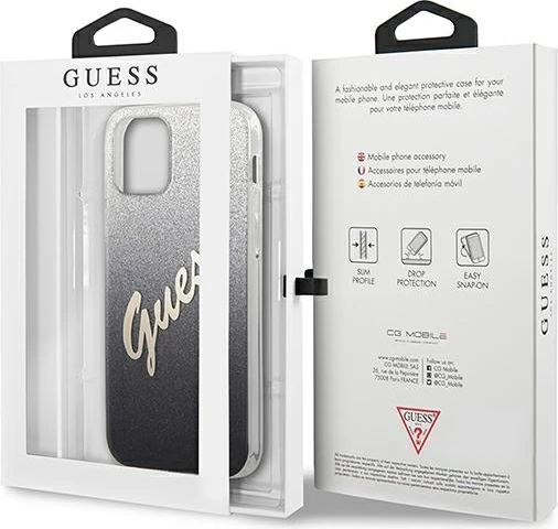 Mbështjellës Guess GUHCP12SPCUGLSBK për iPhone 12 mini 5.4", hardcase TPU/PC, Glitter Gradient Script, i zi