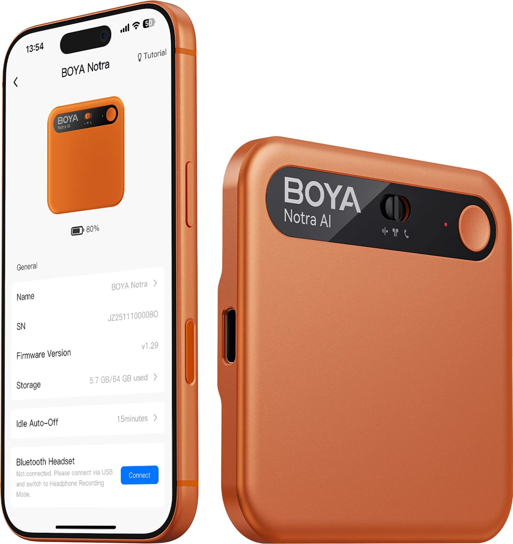Regjistrues zëri BOYA Notra AI, 64GB, Bluetooth/USB-C, MagSafe, portokalli