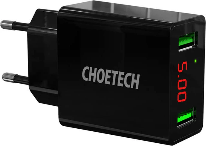 Karikues rrjeti Choetech C0028 me 2 porta USB-A dhe ekran LED, i zi