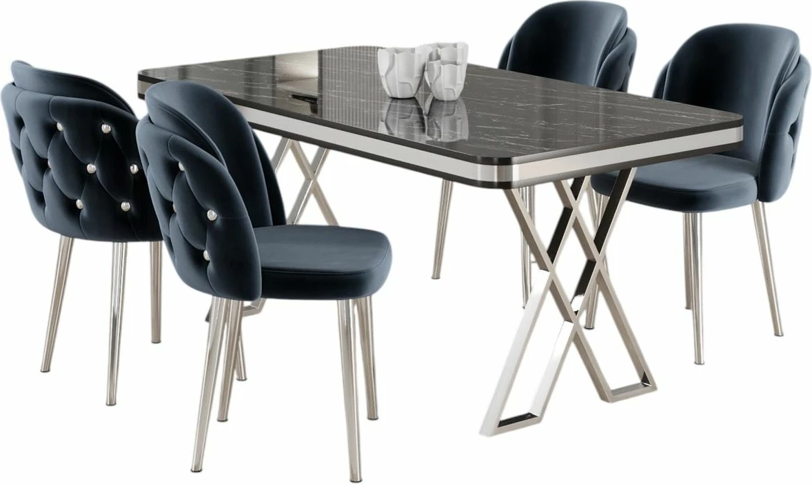 Tavolinë me karrige, 5 copë, Skye Decor Rigel, mermer i zi, krom, antracit