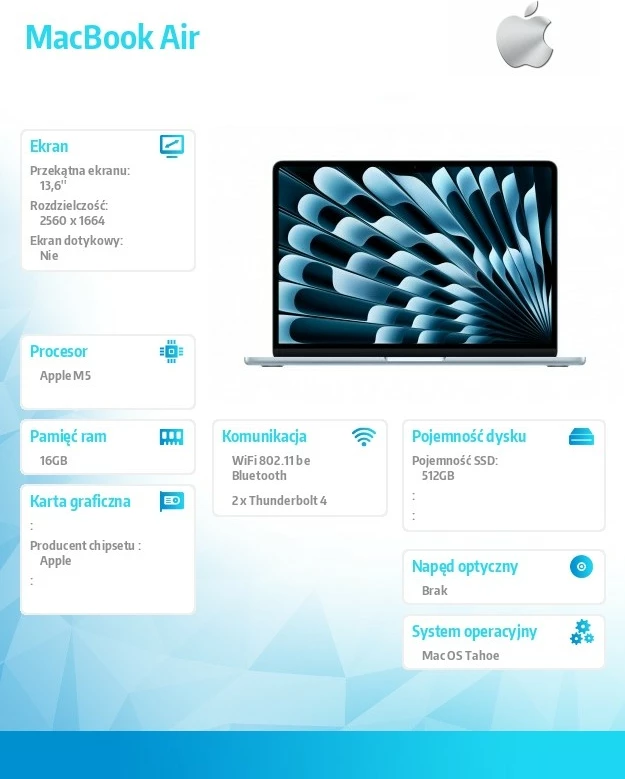 Laptop Apple MacBook Air 13.6\" M5 10/8, 16GB RAM Memorje, 512GB SSD, pa karikues, Blu (Azure)