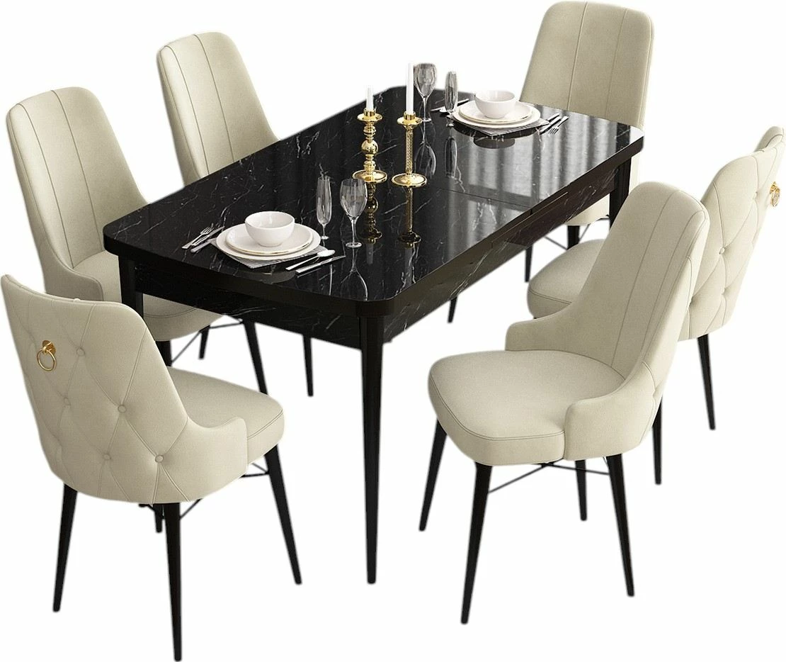 Set tavoline me karrige për ngrënie, zgjatës, 7 copë, Skye Decor, ngjyrë mermeri të zi, krem