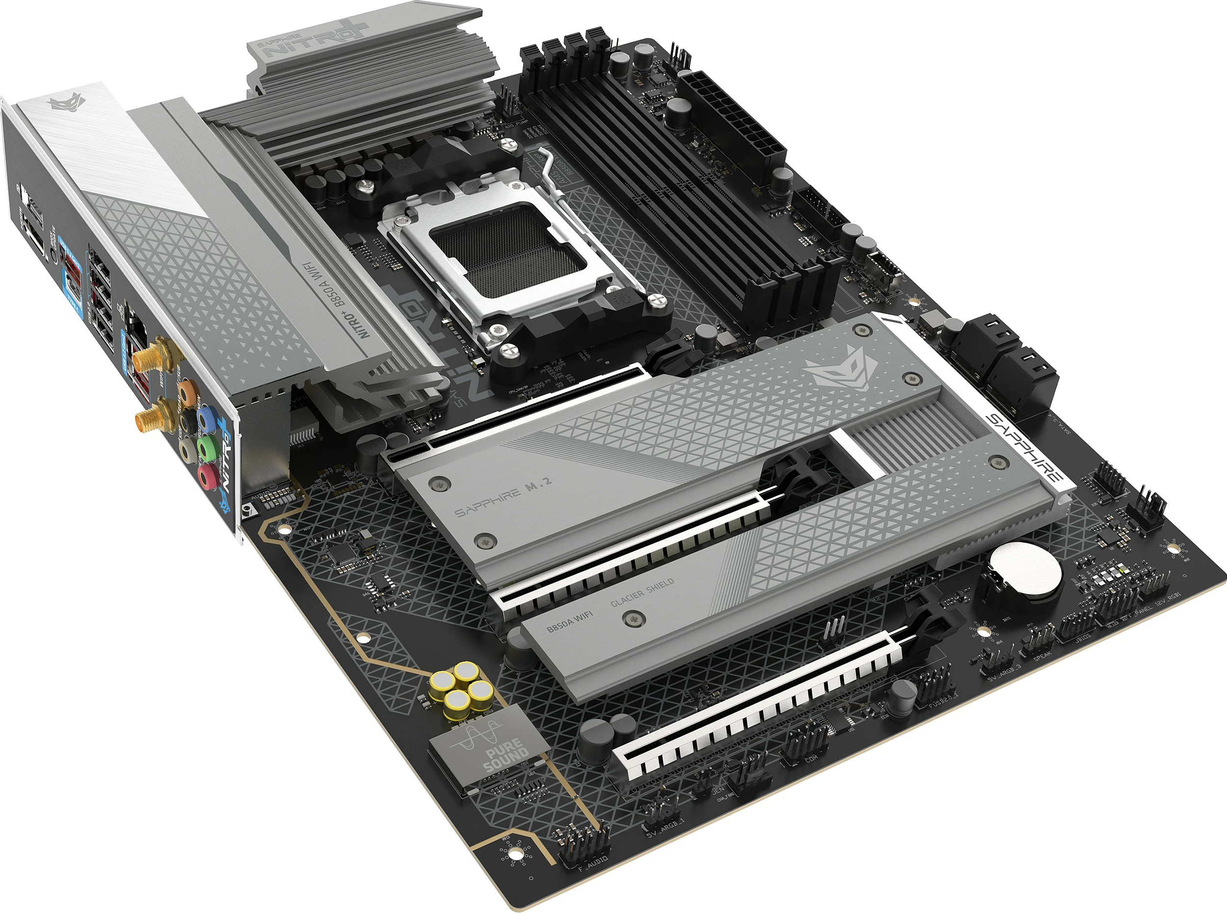 Pllakë amë Sapphire NITRO+ B850A, Socket AM5, DDR5 deri 256GB, Wi‑Fi 7, 2.5GbE, ATX, e zezë/gri