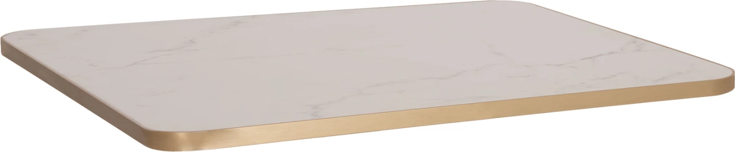 Sipërfaqe tavoline drejtkëndore prej guri të sinterizuar, mermer i bardhë, kornizë alumini e artë, FH6656.12, 120x80 cm