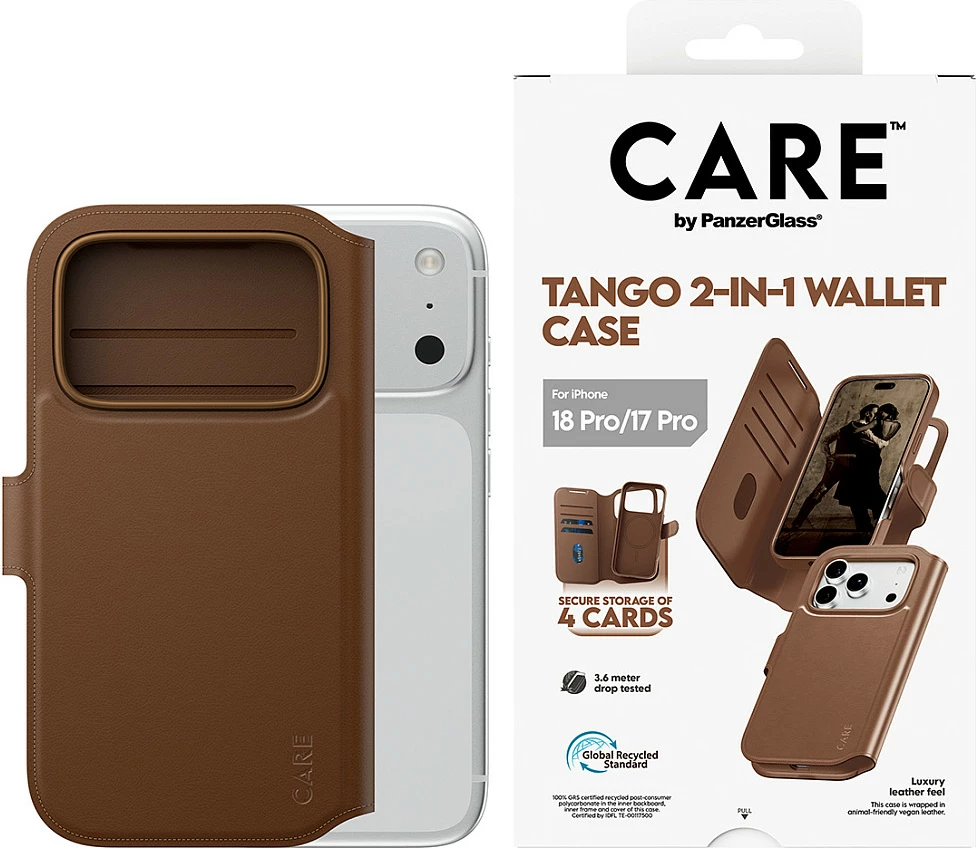 Mbështjellës PanzerGlass CARE Tango 2-në-1 Wallet Case, MagSafe, për iPhone 17 Pro, kafe