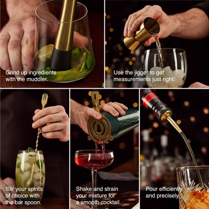 Set koktejsh VONSHEF Parisian 1000445, shaker 550 ml, 6 copë, jeshile/ari