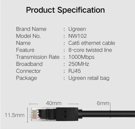 kabllo LAN UGREEN 20162, Cat6 UTP, 5m, RJ45, e zezë, polybag