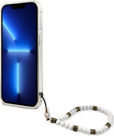 Mbështjellës Guess GUHCP13MKPSWH për iPhone 13 6.1", transparent, me varëse perlë