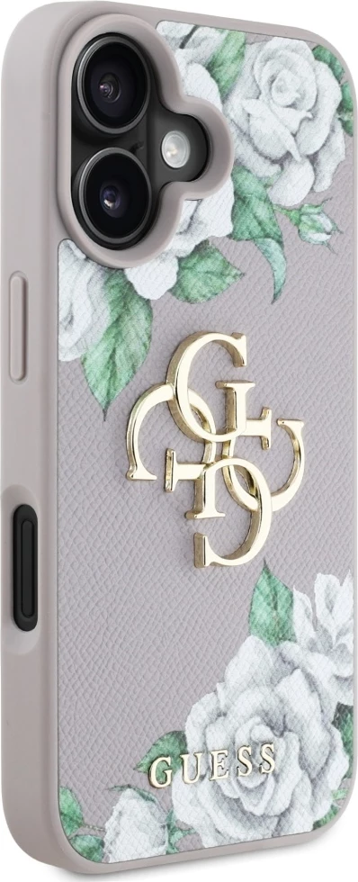 Mbështjellës Guess Grained Roses Big 4G Logo për iPhone 16, Vjollcë
