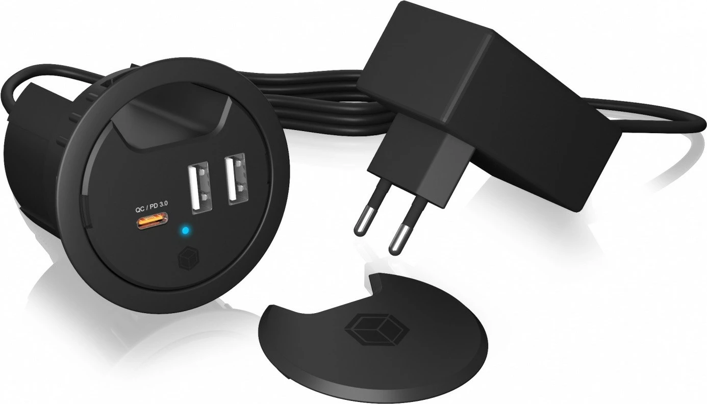 Karikues tavoline IcyBox IB-HUB1407 me 3 porta USB, 2x USB-A, 1x USB-C, 60mm, Zi