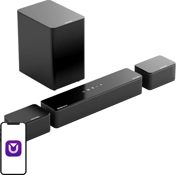 Soundbar Ultimea Poseidon D60 (U2520), Dolby Atmos 5.1, Bluetooth 5.3, me subwoofer pa kabllo + 2 altoparlantë satelitë, i zi