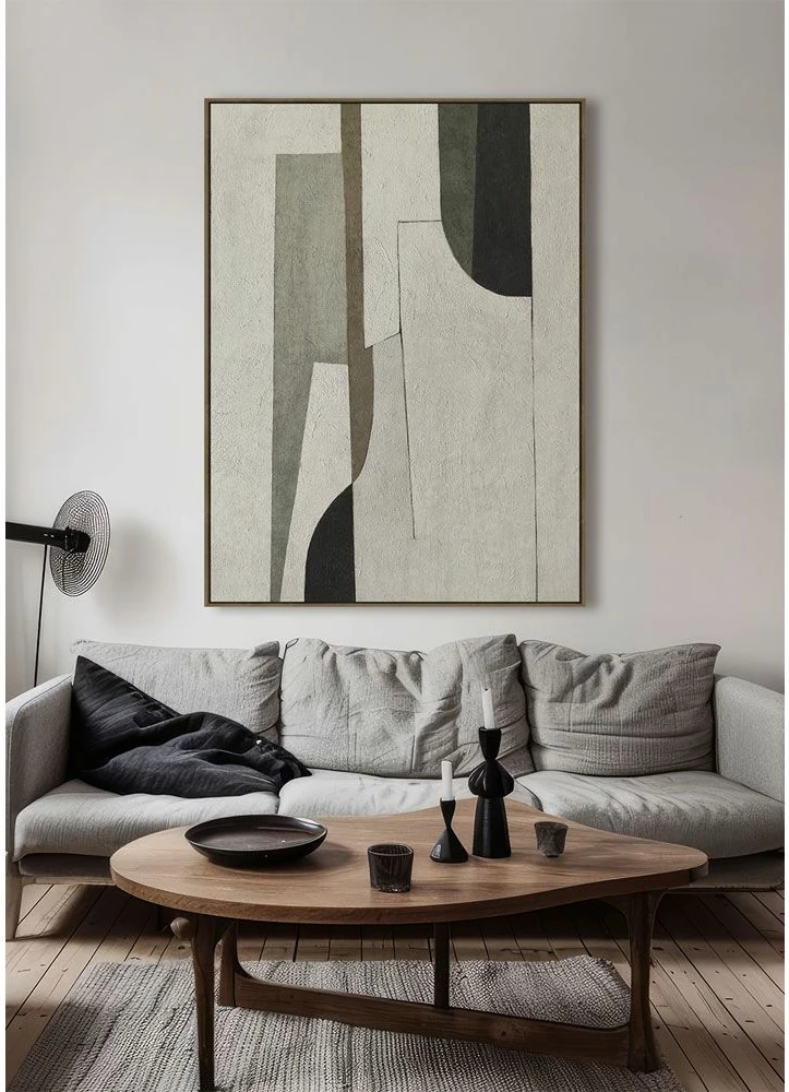 Pikturë dekorative LINEAR me kornizë, 90x120x4cm, kanavacë, bezhë, gri, e zezë, dru natyral