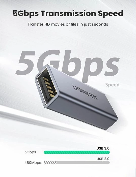 Adapter USB-A në USB-A UGREEN 20119, USB 3.0 5Gbps, female-female, 2A, gri, 1 copë (polybag)
