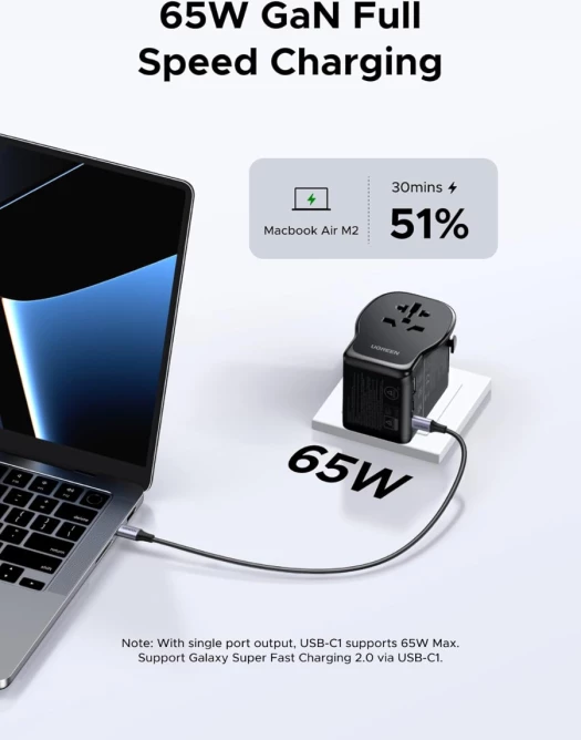 Adapter udhëtimi universal UGREEN 55001 (S550) 65W GaN, 2x USB-C + 1x USB-A, prizë AC universale, EU/UK/US/AU, i zi