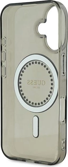 Mbështjellës Guess MagSafe për iPhone 16 Plus, i zi, me rhinestones