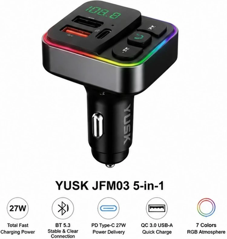 Karikues Makine YUSK YFM03 5-në-1 me Bluetooth 5.3, FM Transmitter dhe 27W PD