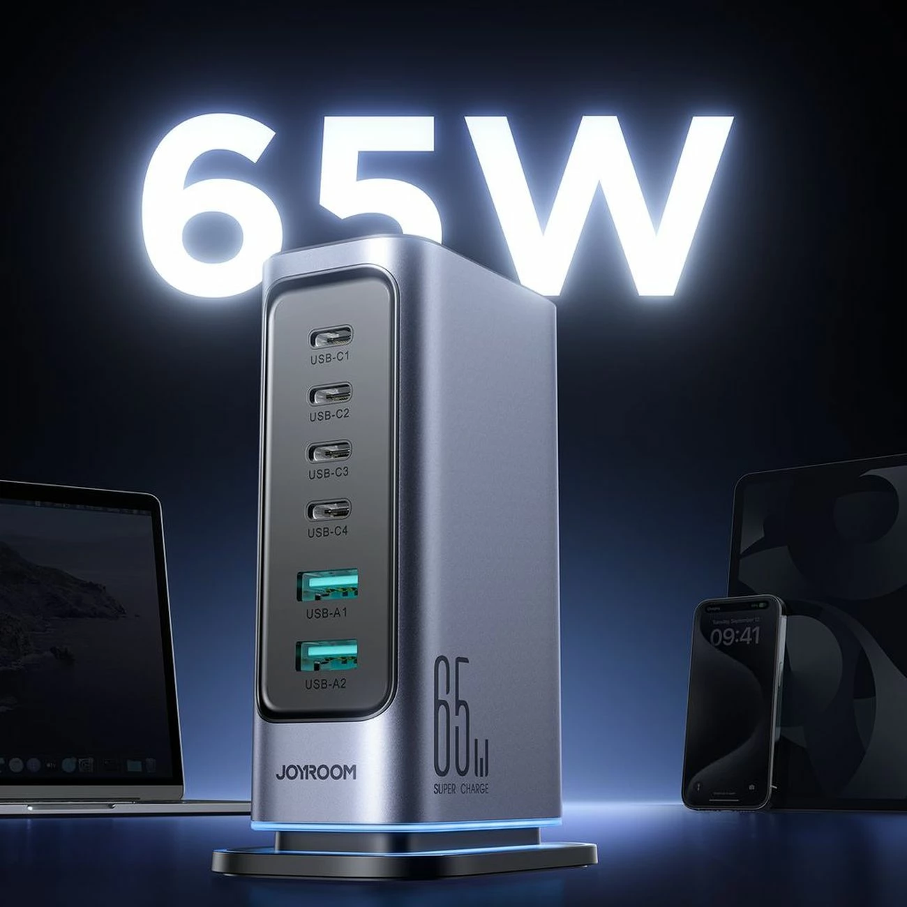 karikues muri GaN 65W, Joyroom JR-TCM02, stacion karikimi 6 porta (4xUSB-C + 2xUSB-A), prizë UK, kabllo 1.5 m, gri