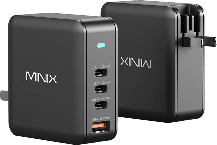 Karikues muri Minix NEO-P165 GaN 165W, 3x USB-C + 1x USB-A, me priza US/EU/UK, i zi
