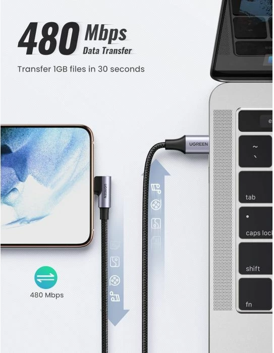 Kabllo USB-C në USB-C UGREEN 80714 60W 3m me kënd 90°, e zezë/argjend