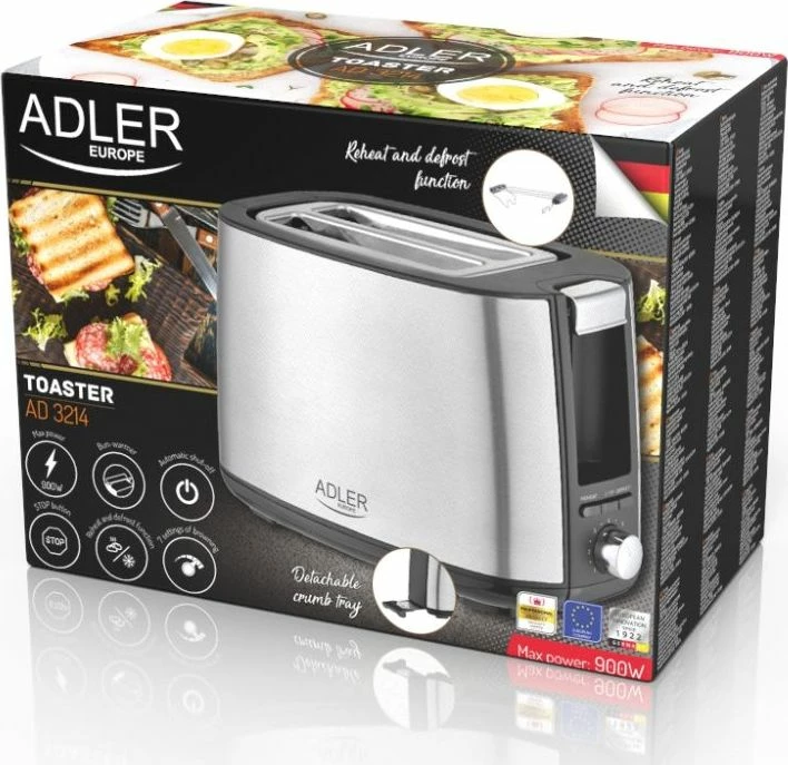 Toster Adler AD 3214, 2 feta, 900 W, inox, argjendtë