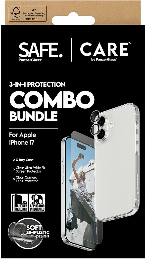 Set mbrojtës 3në1 Mbështjellës + xham i kalitur + mbrojtës lente PanzerGlass CARE CR56180 për iPhone 17, transparente
