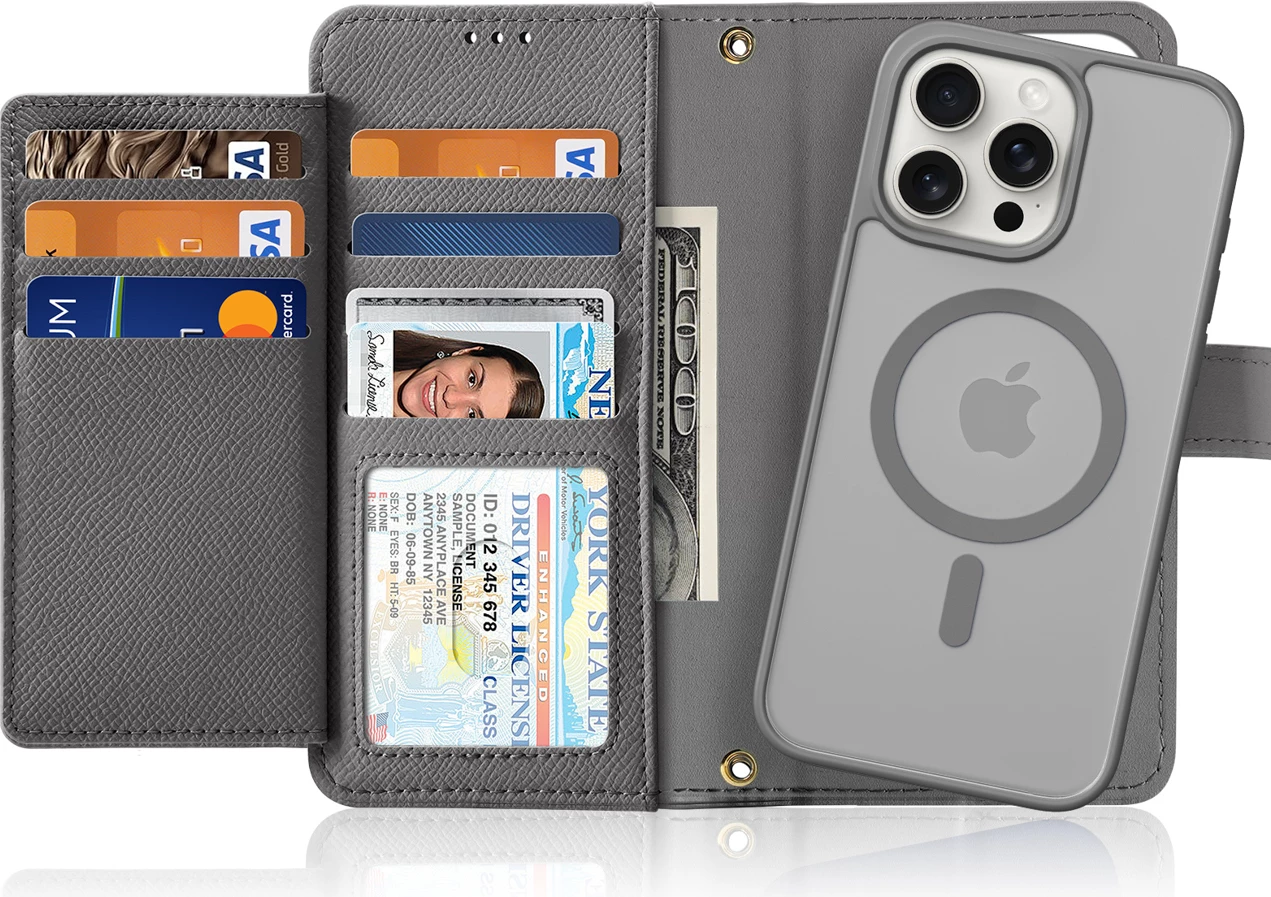 Mbështjellës Dux Ducis Lawa për iPhone 15 Pro, lëkurë, me portofol magnetik, Gri