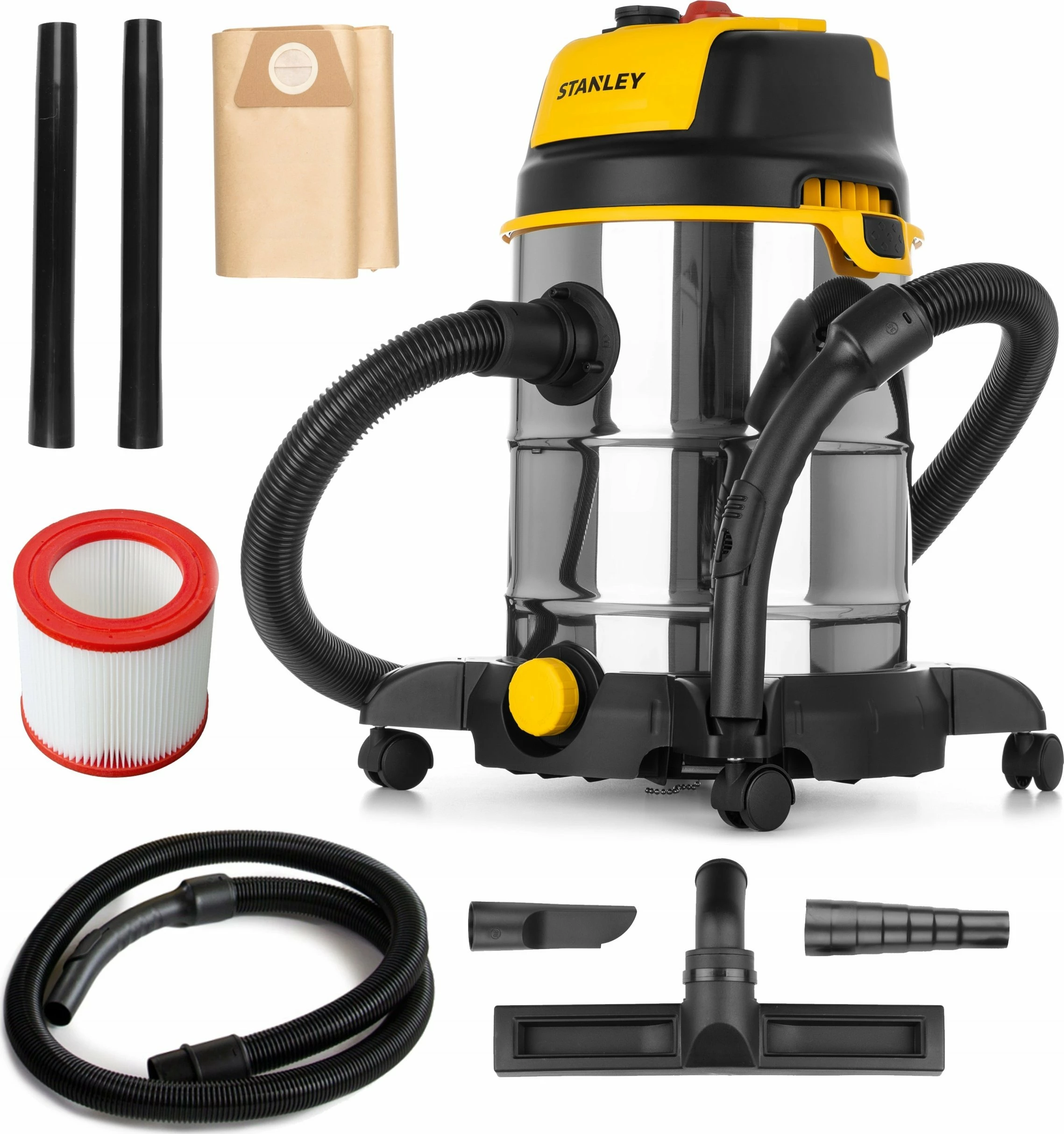 Fshesë industriale Stanley SXVC30XTDE 30L 1600W wet/dry me prizë për vegla dhe filtër HEPA, e zezë/verdhe