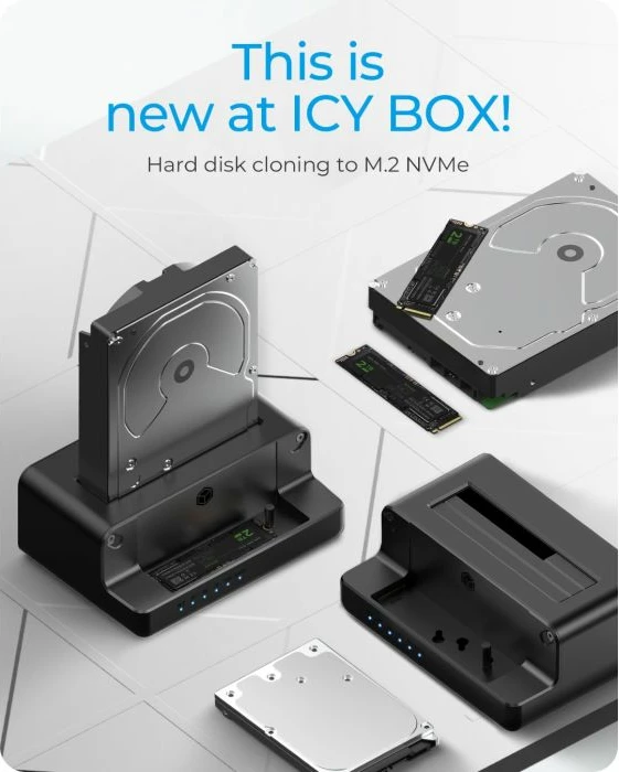 Stacion dokimi dhe klonimi ICYBOX IB-2914MSCL-C31, USB 3.2 Gen 2, për M.2 NVMe dhe 2.5/3.5\" SATA SSD/HDD, e zezë