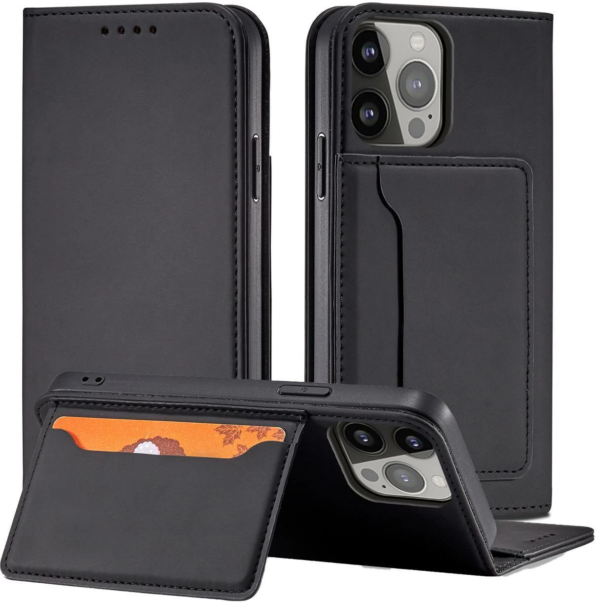 Mbështjellës Hurtel Magnet Card Case për iPhone 14 Pro, me kapak, portofol dhe mbajtëse, i zi