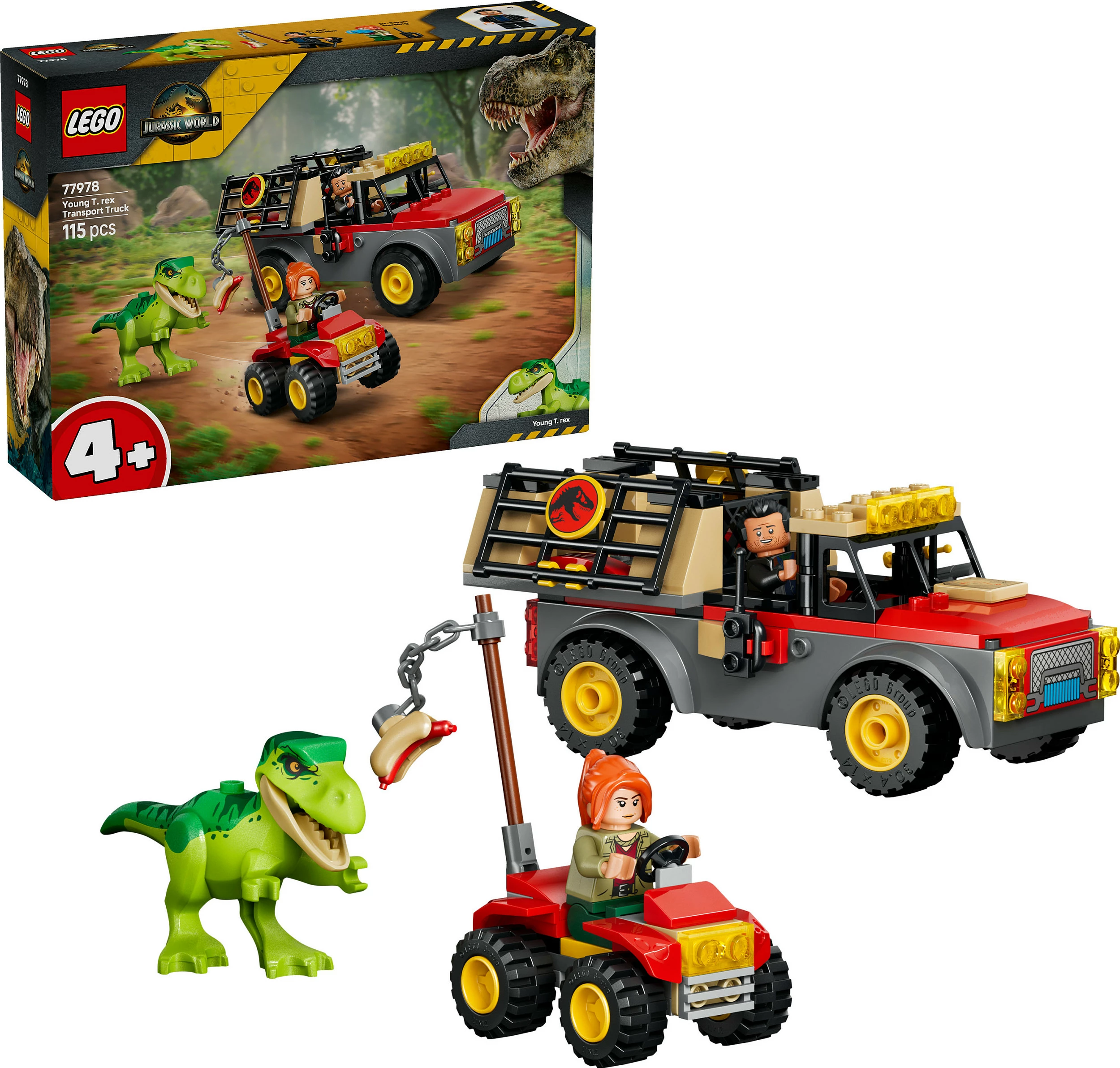 Set LEGO Jurassic World 77978 Young T. rex Transport Truck, 115 copë, kuqe/gri