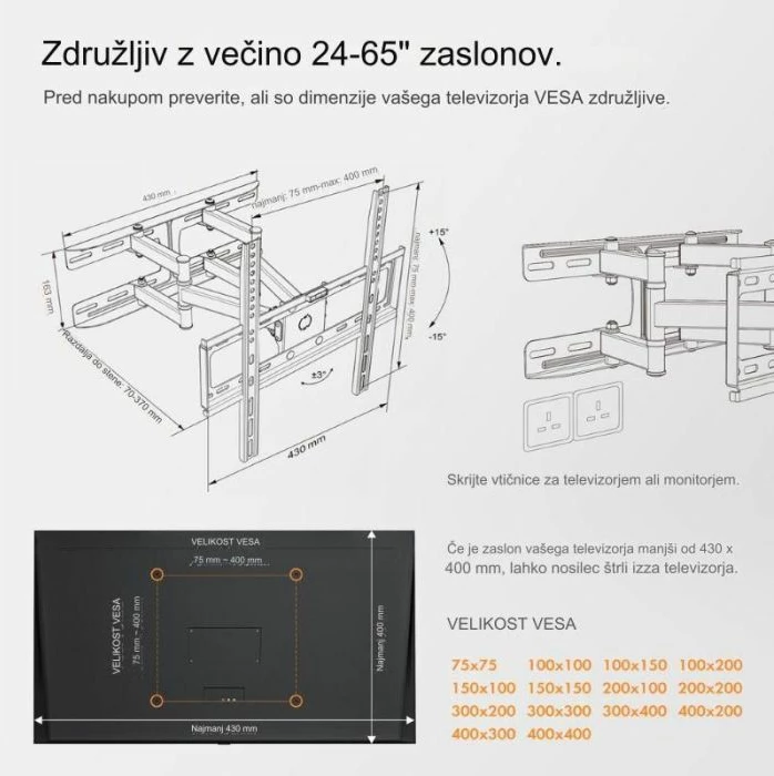 Mbajtëse muri për TV VONHAUS 3005060, 24-56\", tilt/swivel/extend, deri 45kg, e zezë