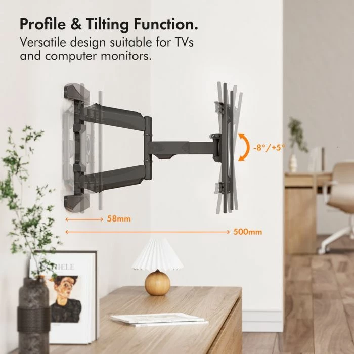 Mbajtëse muri për TV VonHaus 3000296, 37-82\", deri 45kg, tilt +5°/-8°, rrotullim 160°, VESA 200x200-600x400, e zezë