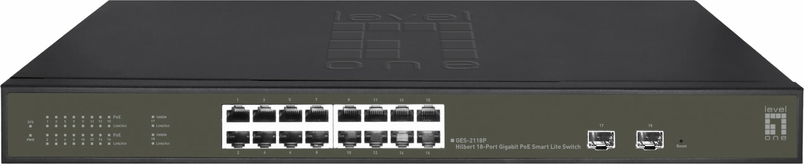 Switch LevelOne Hilbert 18-Port Gigabit PoE, 16 PoE Outputs, 2 x Gigabit SFP, 230W PoE