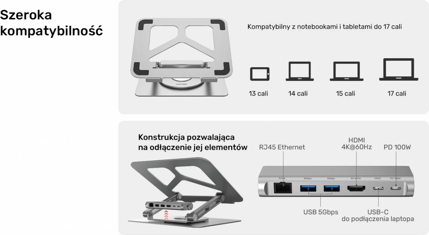 Podstavek për laptop Unitek USB-C HDMI 4K PD 100W, ngjyrë argjendi