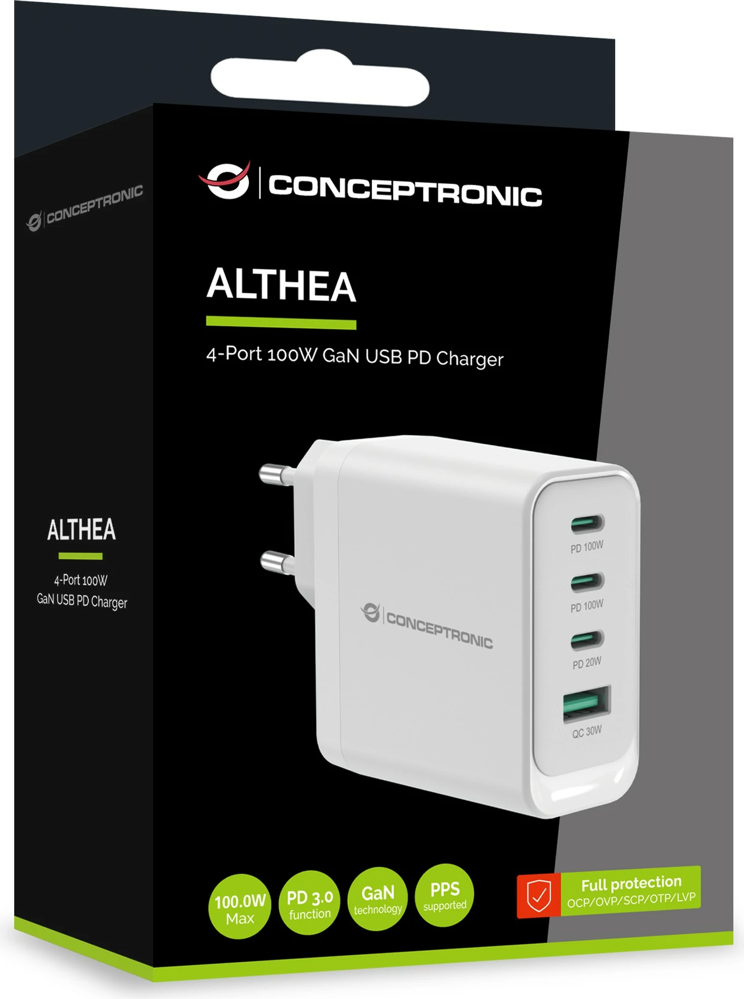 Karikues Conceptronic 4 porta GaN, 3x USB-C, 1x USB-A, 100W, i bardhë