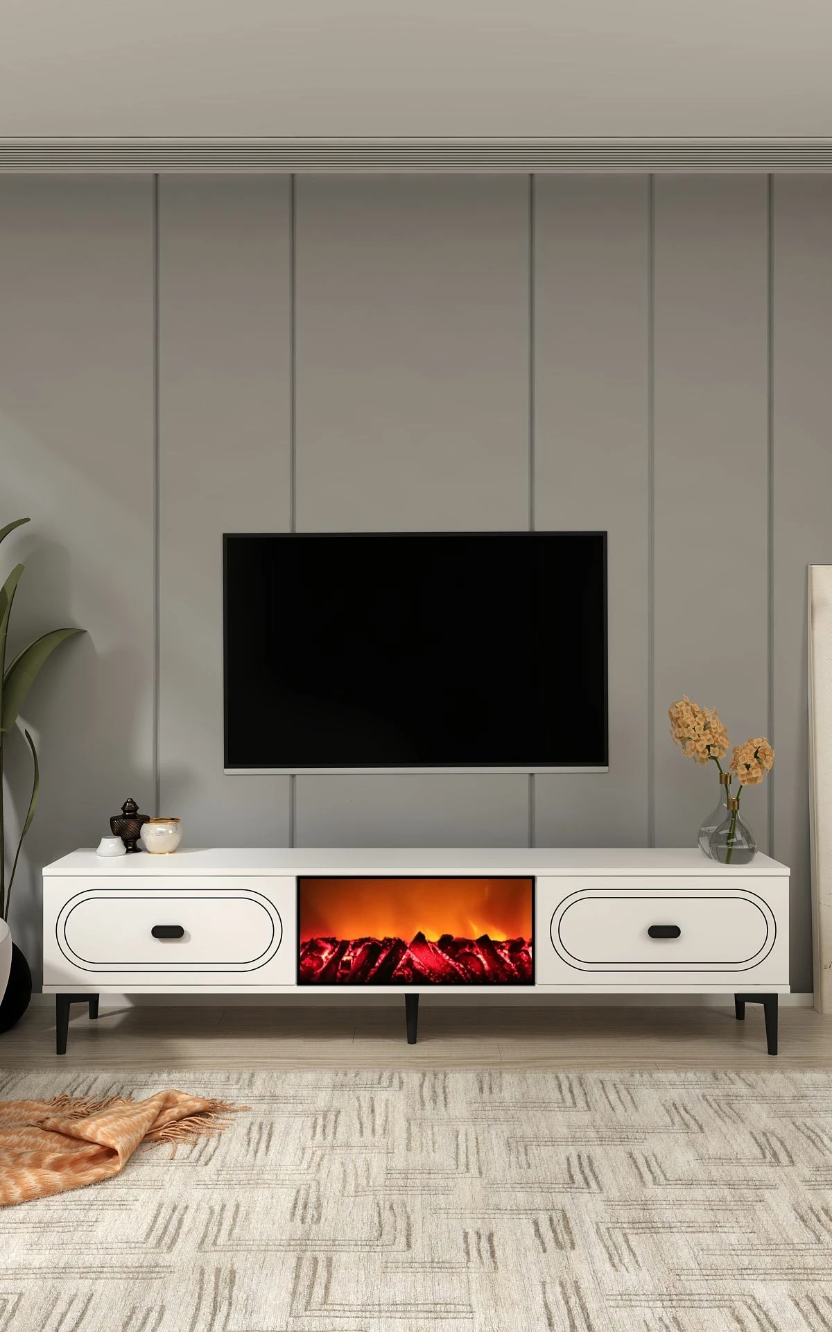 Komodë TV Skye Decor, weny bohem me oxhak dekorativ, e bardhë