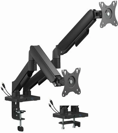 Mbajtëse tavoline për dy monitorë Gembird 17–32\", deri 9 kg, VESA 75x75/100x100, me porte USB, e zezë
