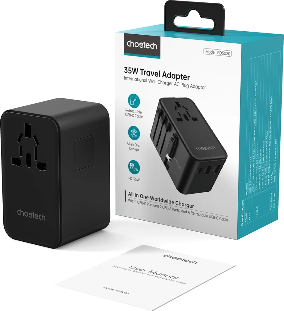 Adapter udhëtimi Choetech PD5020 me karikim të shpejtë 35W, 4 porta, USB-C/USB-A, i zi