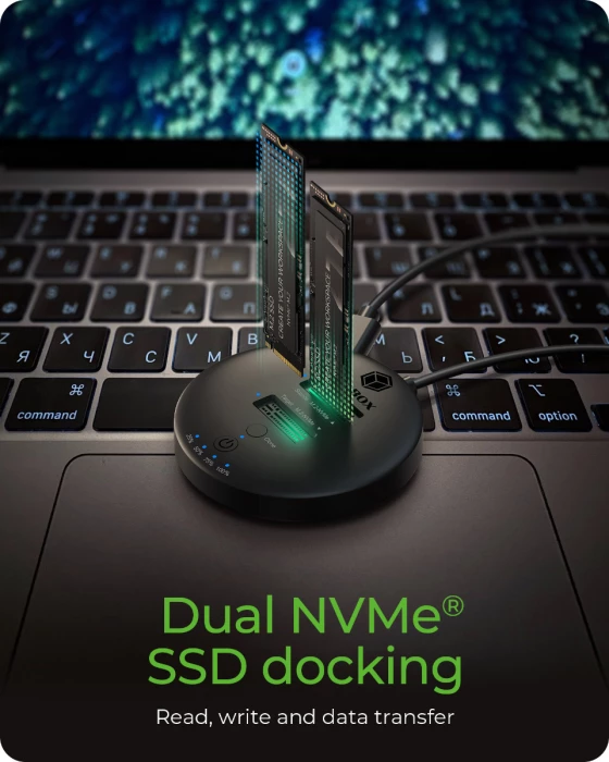 stacion dokimi dhe klonimi ICYBOX IB-1612MCL-C31 për 2x M.2 NVMe SSD, USB-C 10 Gbit/s, klonim offline, i zi, set me adaptor rryme dhe kabllo USB-C