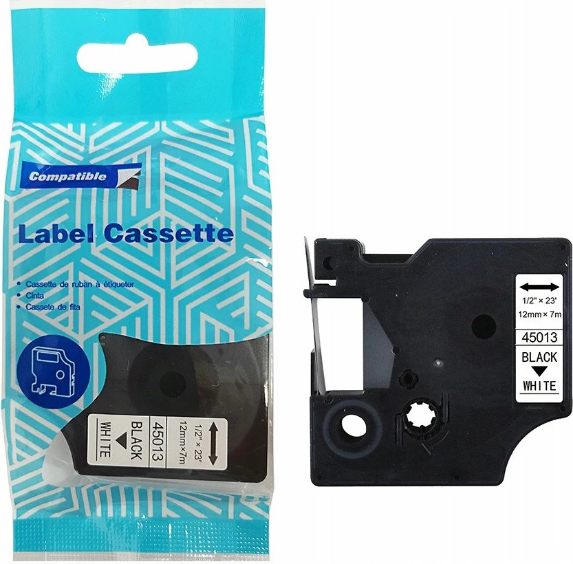 Kasetë shirit etikete Rafcom kompatibile për DYMO D1 45013 12mm x 7m, bardhë/zi, 1 copë